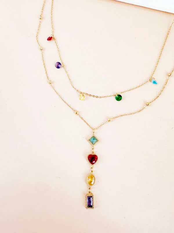Collier Y avec double chaîne perles et strass colorées: Linda