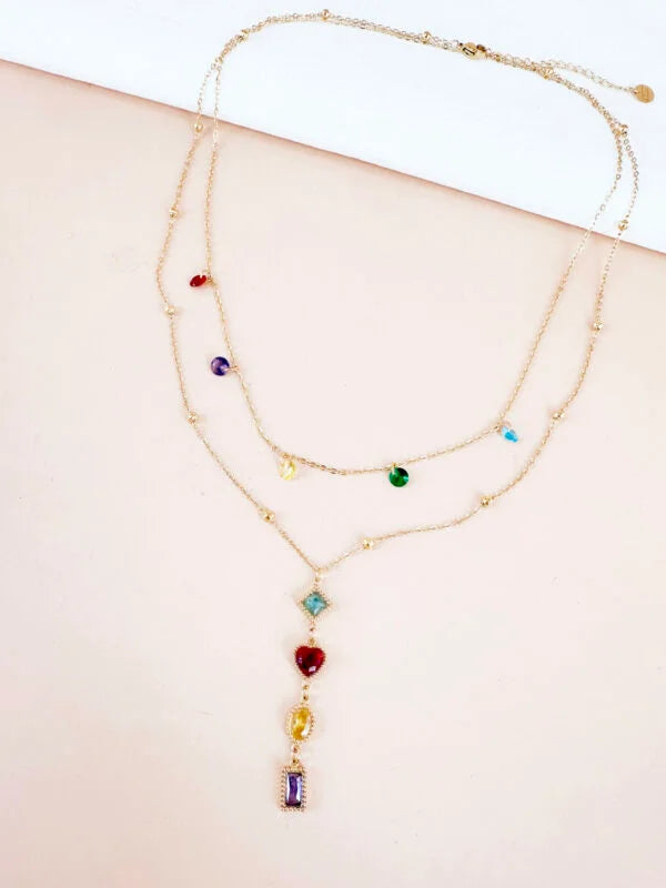 Collier Y avec double chaîne perles et strass colorées: Linda