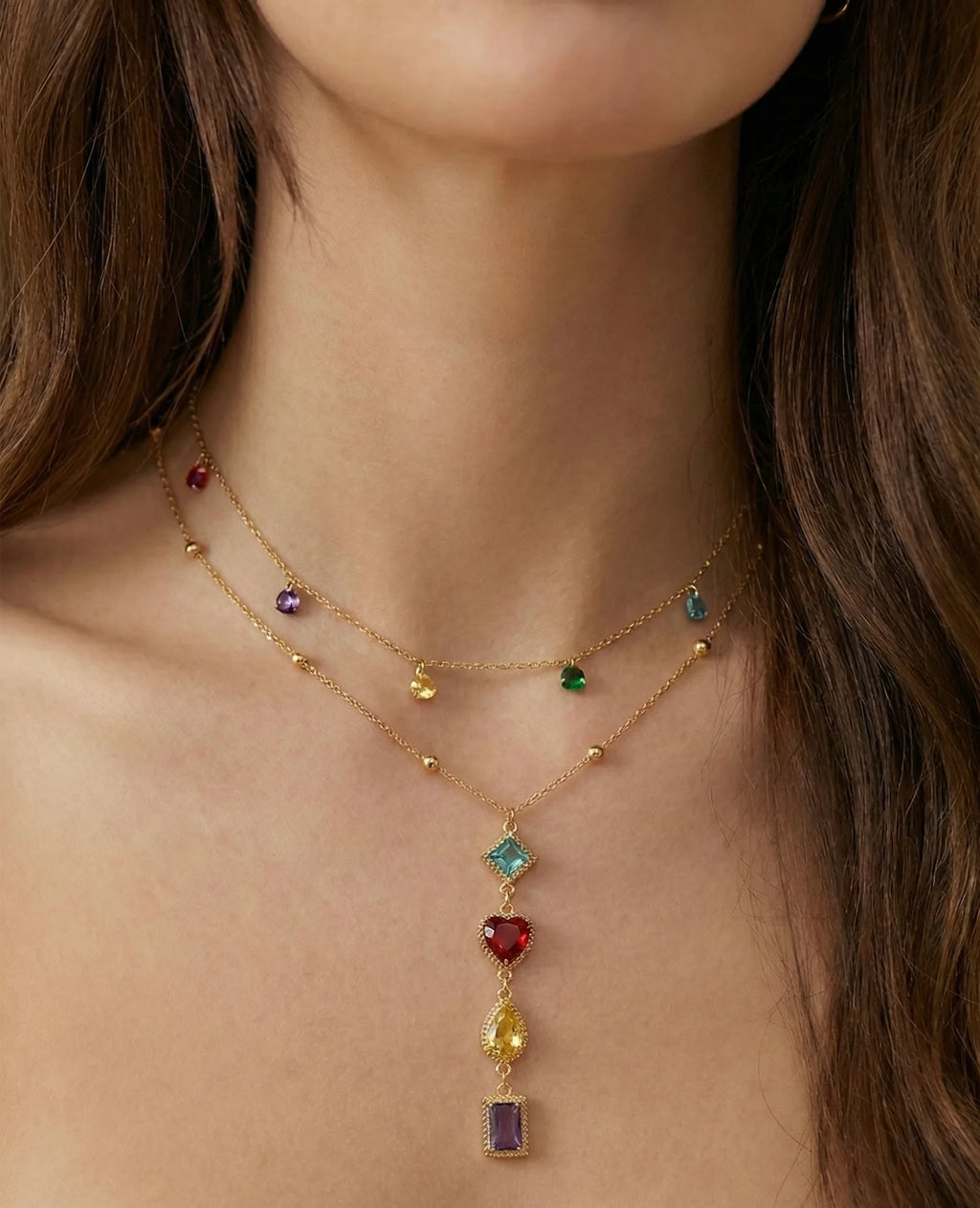 Collier Y avec double chaîne perles et strass colorées: Linda